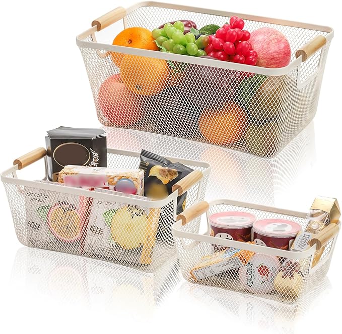 3 Pack Metal Mesh Baskets with Wood Handle, Iron Storage Organizer Basket, Cream White Wire Countertop Baskets for Organizing, Cabinet Pantry Closet Bedroom Kitchen(3 Size)