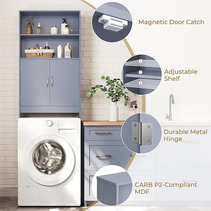 Yaheetech Over The Toilet Storage, Taller Bathroom Organizer Space-Saving Storage Cabinet with Adjustable Shelves and Double Doors, 77 in H, Grey