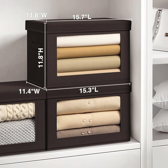 Stackable Storage Bins with Lids - Large Storage Box with Lids, Foldable Closet Boxes for Organizing, Wardrobe Clothes Organizer with Window, Cubes Bins for Living Room, 3 Pack, Brown