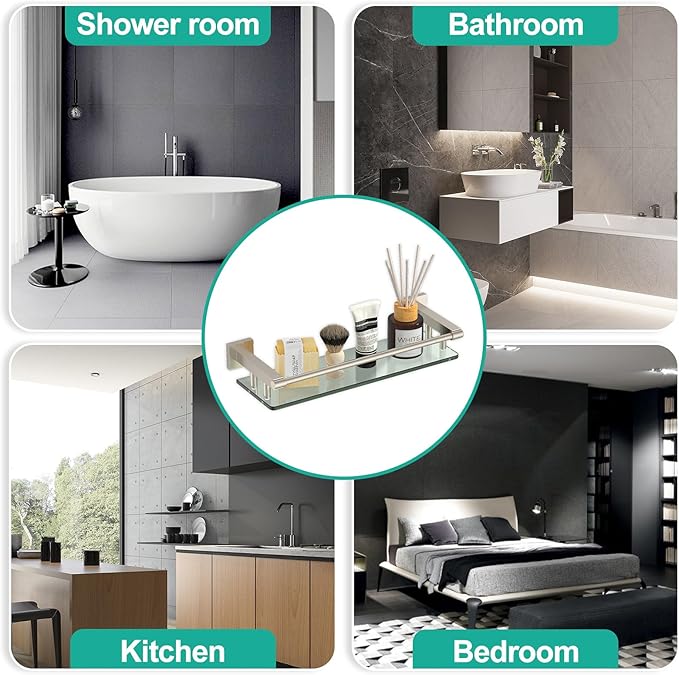 SFGSOWOR Glass Shelves for Bathroom, 16IN Brushed Nickel Bathroom Shelves for Wall Rectangular Stainless Steel Tempered Glass Modern use for Shelf Sink Over Toilet