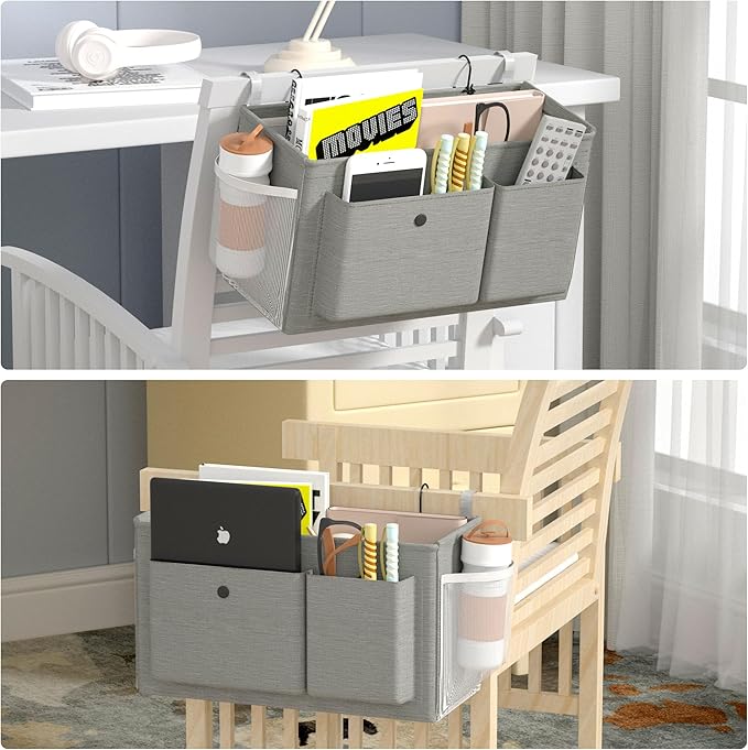 Bedside Caddy Bedside Organizer with Fixed Straps & Water Bottle Holder, Bunk Bed Caddy ideal for Home, Dorm, Hospital, Crib, Versatile Bedside Storage Solution (Grey 2pcs)