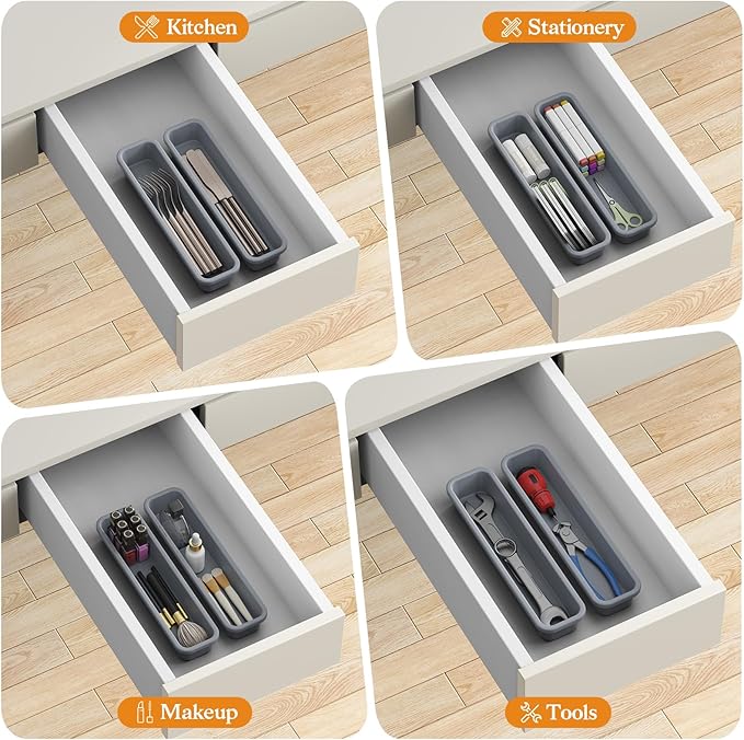 2 Pack Silicone Silverware Organizer, DIY Free Combination Utensil Drawer Organizer, Silverware Drawer Organizer, Flatware Cutlery Tray for Spoons Forks, Anti-slip Design (Grey)