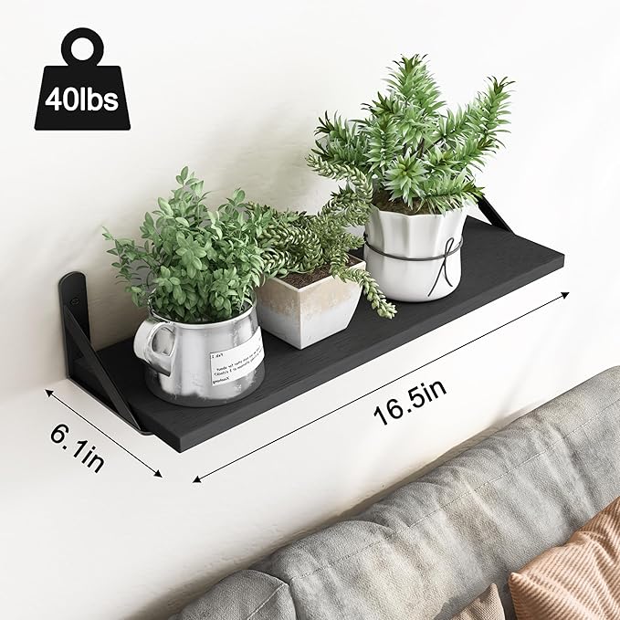 YGEOMER 16.5 Inch Floating Shelves for Wall, Farmhouse Wall Shelves for Bedroom, Bathroom Storage, Living Room and Kitchen Decor (Set of 6 Black)