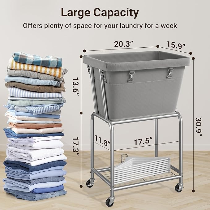 ELYKEN Laundry Cart with Wheels, Rolling Laundry Hamper with Removable Bag and Shelf, Metal Frame Laundry Basket with 4 Casters and 2 Brakes, Ideal for Bedroom, Bathroom, Laundry Room, Gray