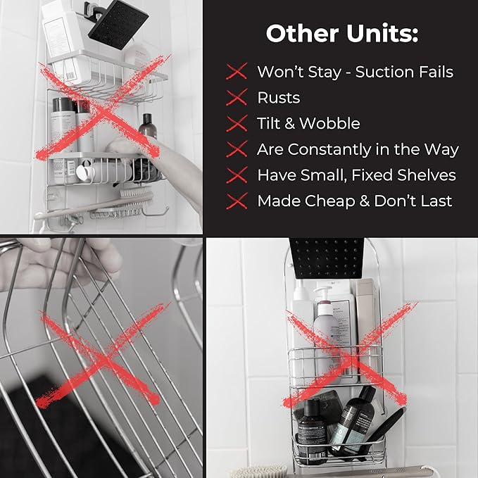 ShowerSMART Rust Resistant Hygienic Shower Caddy – Hanging Bathroom Organizer with Adjustable Shelves, Easy Clean Trays & Magnetic Hooks for DIY Remodels & Shower Niches - Graphite