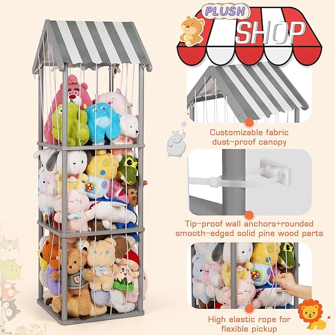 Stuffed Animal Storage, Space Saving Vertical Stuffed Animal Holder Wood, Easy Assembly Cottage-Style Plush Toys Organizer for Bedroom & Playroom (Gray, Large)