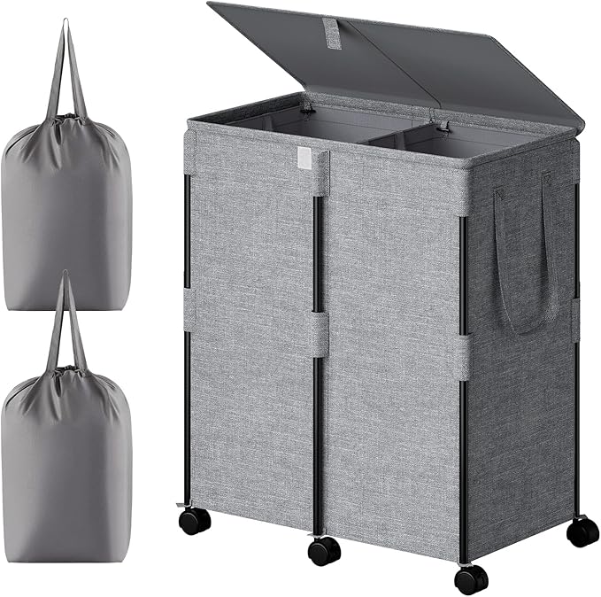 Chrislley 140L Large Double Laundry Hamper with Lid and 6 Wheels, Rolling Laundry Basket with 2 Removable Bags, Heavy Duty Metal Frame Laundry Cart, Dirty Clothes Hamper for Bathroom, Bedroom (Grey)