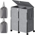 Chrislley 140L Large Double Laundry Hamper with Lid and 6 Wheels, Rolling Laundry Basket with 2 Removable Bags, Heavy Duty Metal Frame Laundry Cart, Dirty Clothes Hamper for Bathroom, Bedroom (Grey)
