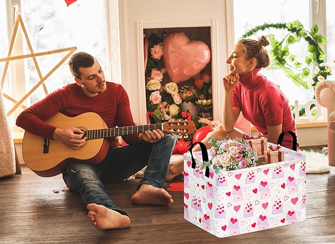 Empty Gift Basket for Girls Heart Print Storage Cube for Women, Closet Shelf Waterproof Organizer Bins with Handles Nursery hamper Kids Toys Books Box Room Deco
