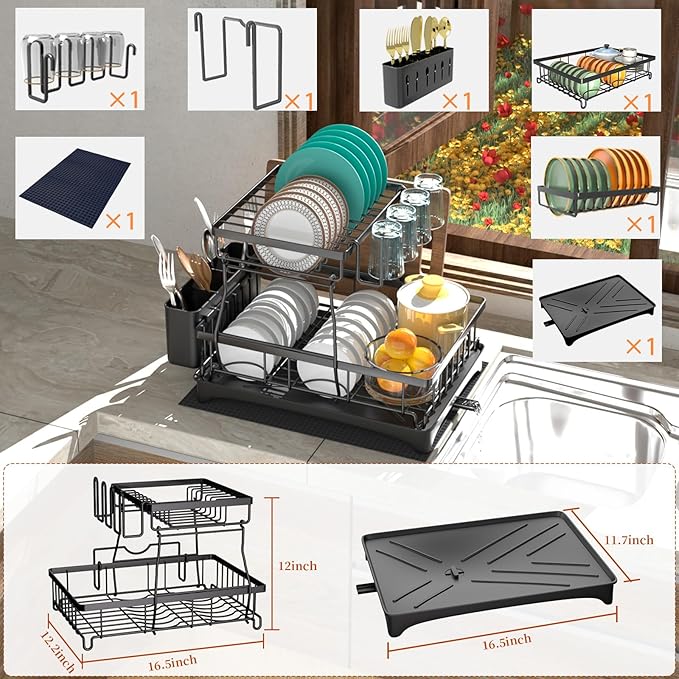 Godboat Dish Drying Rack, 2-Tier Dish Rack with Auto-Drain & Mat, Dish Racks for Kitchen Counter, Dish Drainer with Knife, Fork & Cup Rack, Gifts for Women, Mothers Day, Cool Stuff & Kitchen Gadgets