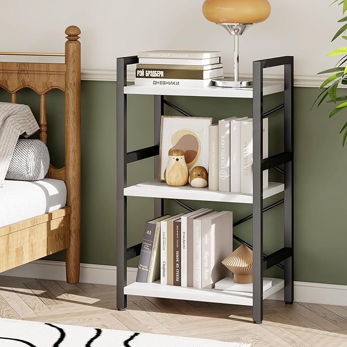 Homeiju Bookshelf, 3 Tier Industrial Bookcase, Metal Small Bookcase, Rustic Etagere Book Shelf Storage Organizer for Living Room, Bedroom, and Home Office(White) Patent Pending D29873033