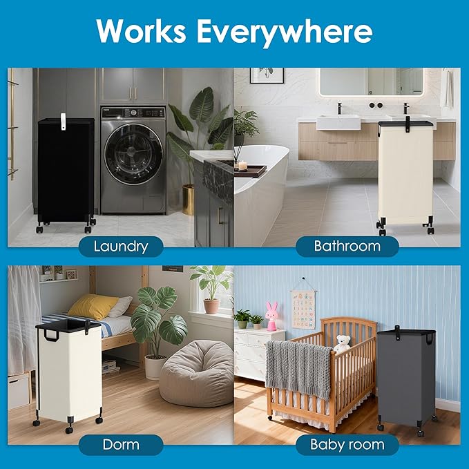 Laundry Basket with Wheels 105L, Large Rolling Laundry Hamper with Removable Bag, Metal Frame Collapsible Dirty Clothes Bin, Cloth Organizer Hampers Pull Handle for Bathroom, Dorm, Bedroom Dark Grey