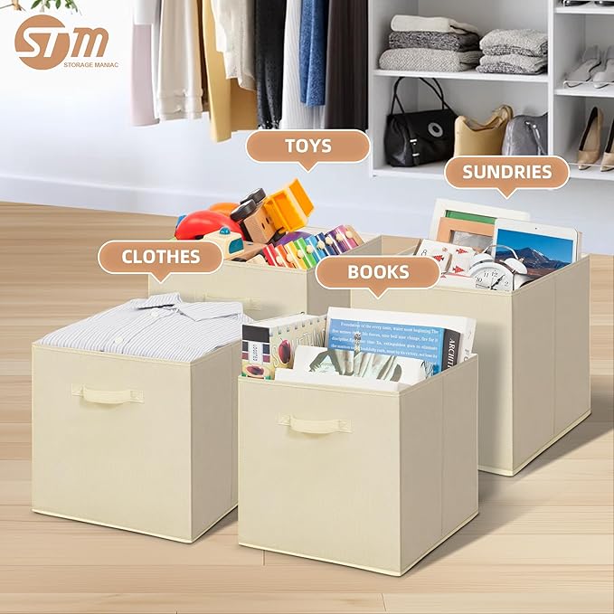 STORAGE MANIAC Storage Cubes, 13 Inch Collapsible Storage Bins with Handles, 6 Pack Fabric Foldable Bins for Organization, Durable Storage Bins for Closet, Shelves, Offices, Toys, 6-Pack Beige