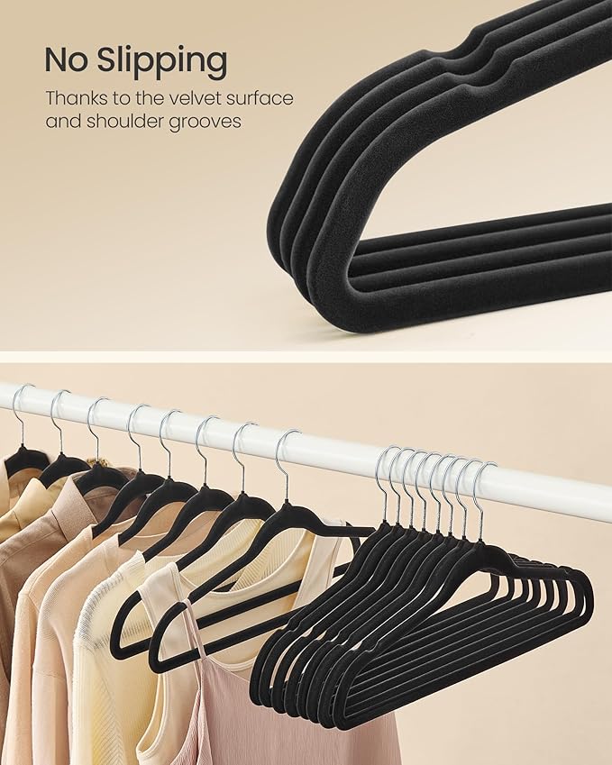SONGMICS Velvet Hangers 150 Pack, Non-Slip Clothes Hangers with Silver-Colored Swivel Hooks, Slim Space-Saving for Closet, Heavy-Duty, Black UCRF046BZ03S