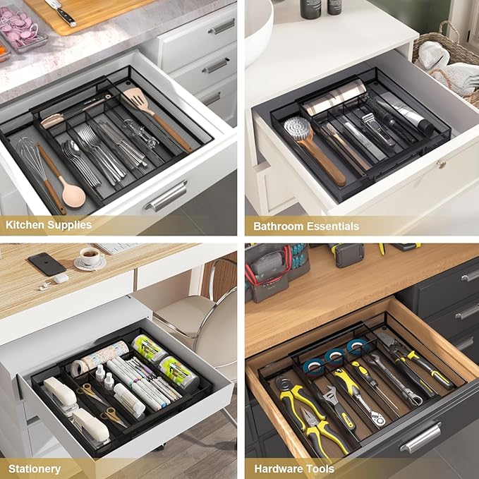 Silverware Organizer Metal Mesh, Drawer Organizer, Utensil Cutlery Tray for kitchen drawers,Expandable Flatware Organizer with 7 Compartment Black 9.6"~16.1" x 13.8"