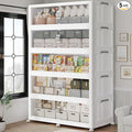 1200QT Extra Large Stackable Storage Bins with Lid, 300Gal Plastic Closet Organizers and Storage Drawer, Collapsible Cabinet Box with Wheels Clear Doors for Home Kitchen Office, 5Pack White