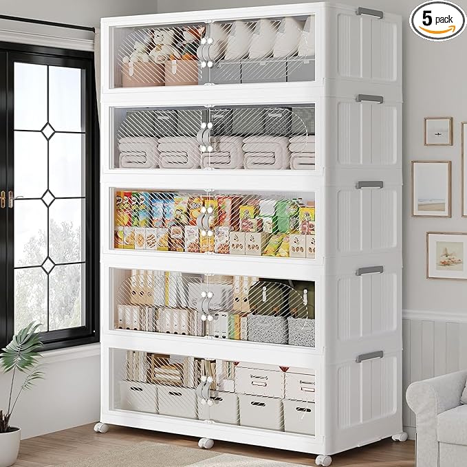 1200QT Extra Large Stackable Storage Bins with Lid, 300Gal Plastic Closet Organizers and Storage Drawer, Collapsible Cabinet Box with Wheels Clear Doors for Home Kitchen Office, 5Pack White