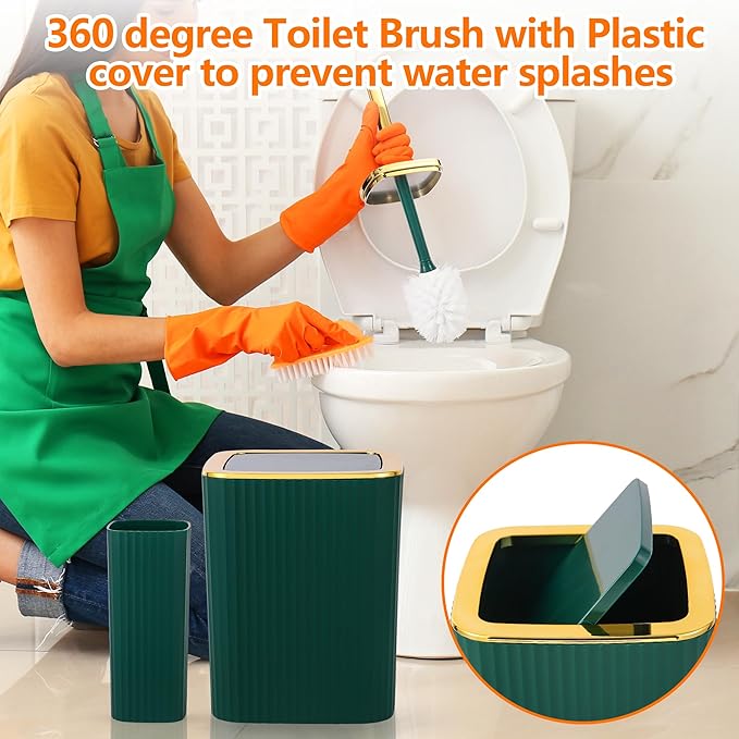 Bathroom Accessory Set,9 Pieces Dark Green Bathroom Accessories Set with Trash Can, Toothbrush Holder, Soap Dispenser, Toothbrush Cup, Vanity Tray, Soap Dish, Toilet Brush, Qtip Holder