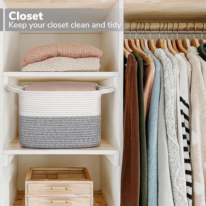 Goodpick Woven Storage Basket, Cotton Rope Baskets for Organizing, Closet Storage Bins with Handles, Small Laundry Basket for Clothes, Towels and Shoes, 13''x10''x9'', Gray and White
