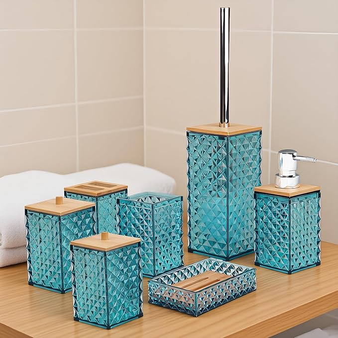Bathroom Accessory Set,7 Pcs Dark Green Bathroom Set Include Soap Dispenser, Qtip Holder Dispenser, Soap Dish,Toilet Brush,Toothbrush Holder & Mouthwash Cup.Boho Bathroom Set