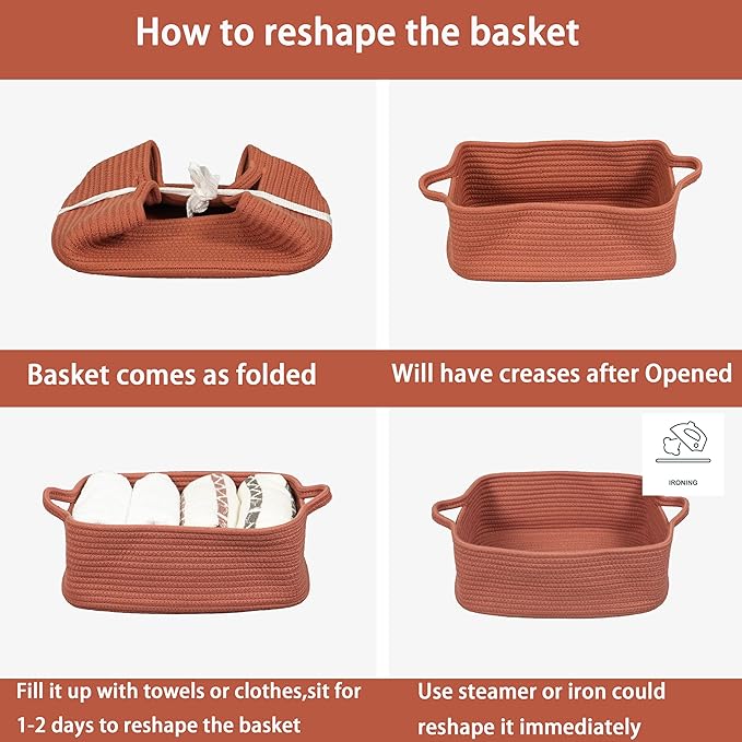 Woven Cotton Rope Storage Basket with Handles for Organizing Shelves Closet Small Cat Dog Pet Toy Baskets Box Bin Decorative Rectangle Baby Nursery Basket Gift Basket Empty (Rust)