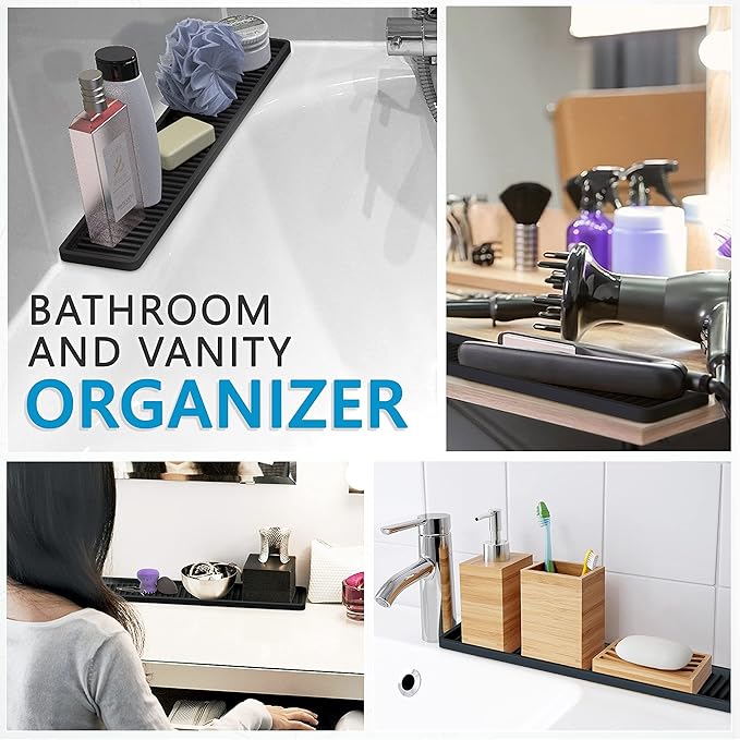 ZAPPOWARE Silicone Kitchen Sink Caddy Sponge Holder 11" x 4.33", Black - Bathroom Vanity Tray Organizer, Kitchen Soap Tray for Dish Scrubber, Soap Dispenser and Sponge