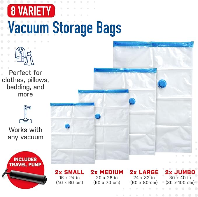 Spacesaver Vacuum Storage Bags with Hand Pump - Vacuum Seal Bags for Clothing, Comforters, Blankets - Reusable Compression Bags for Travel, Moving, Organization - 2S, 2M, 2L, 2XL Sizes - Pack of 8