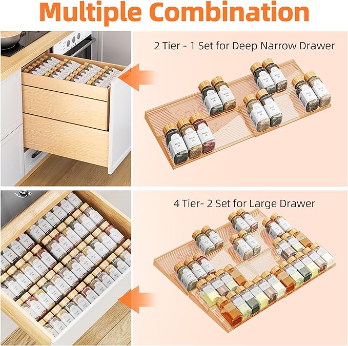 Spice Drawer Organizer, 2 Tier- 2 Pack Amber Acrylic Drawer Seasoning Organizer, Expandable From 11'' to 22'' Kitchen Spice Rack Organizers and Storage for Drawer (Jars not included)