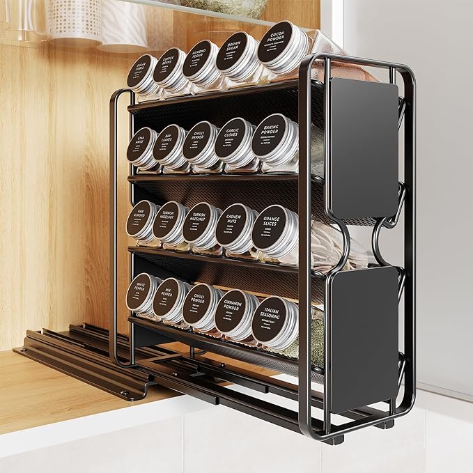 Spice Rack Organizer Drawer Cabinet: Pull Out Spice Seasoning Organization with 20 Jars - Facing Left or Right with Labels and Chalk Maker 4 Tier Slide Out Kitchen Storage for Countertop Wall Mount
