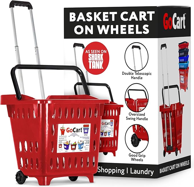 dbest products GoCart, Red Grocery Cart Shopping Laundry Basket on Wheels