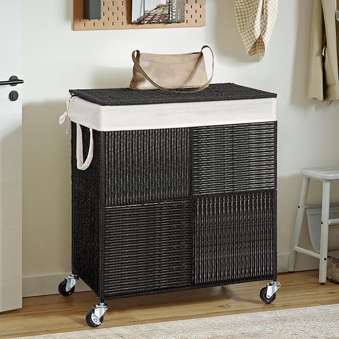 WOWLIVE Double Laundry Hamper with Lid, Handwoven Rolling Laundry Basket with Wheels, 115L Dirty Clothes Hamper with Removable Liner Bag Large Capacity Laundry Sorter Laundry Room Organization,Black