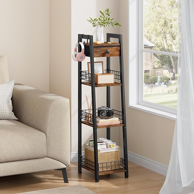 4-Tier Narrow Ladder Shelf with Drawer, Bathroom Table Stand for Small Space, Narrow Bathroom Standing Shelves with Storage for Living Room Bedroom Kitchen, Organizer Shelf, Rustic Brown