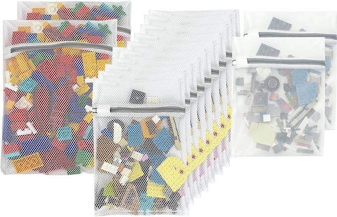 14 Pack Mesh Laundry Bags for building blocks, 2Pcs L(11.8 * 15.7in) Delicate Wash Bags for Large Building Blocks Small Plush Toys,12 Pcs M(9 * 11.8in) Laundry Bags for Micro Particle Building Blocks