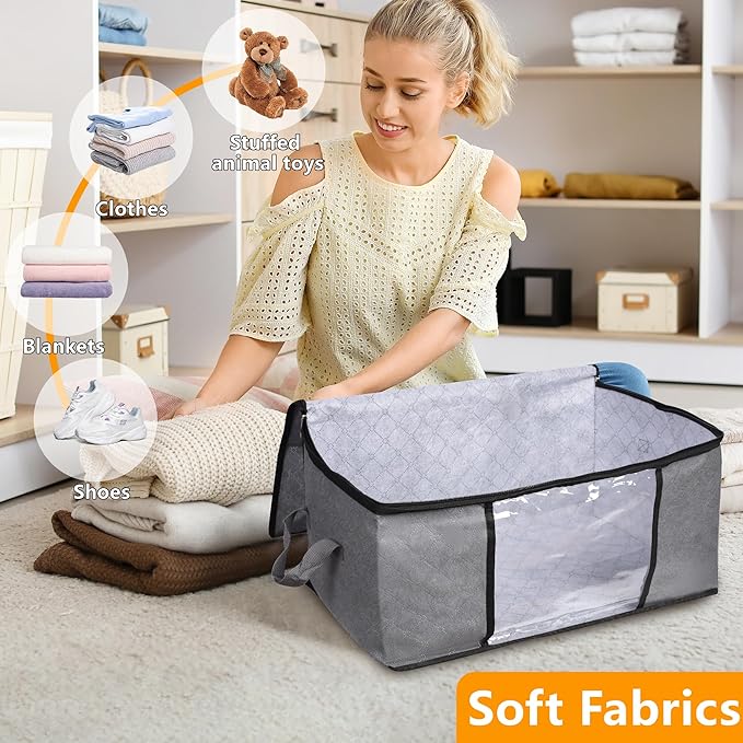 8 Pack Clothes Storage Bags with Zipper, 45L Foldable Blanket Storage Bag with Clear Window Sturdy Handles for Closet, Dorm, Pillows, Bedding, Sheet, Comforter, Gray