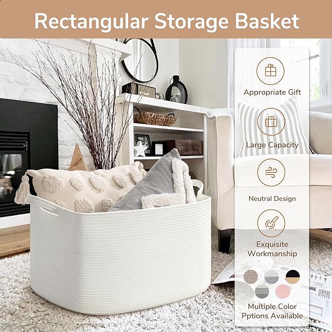 Goodpick Large Blanket Basket Living Room, Storage Baskets for Organizing, Woven Rope Laundry Basket for Toy Storage, 21.6" x 14.9" x 11.8", White