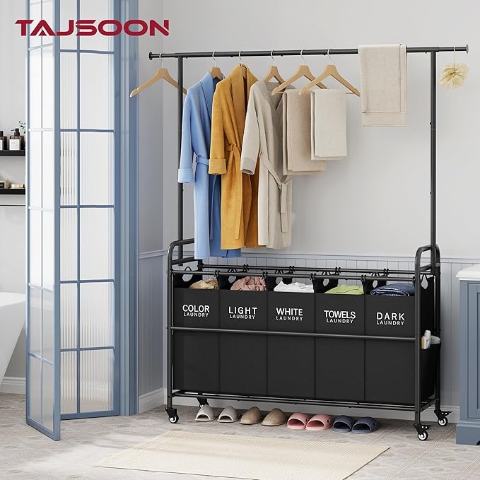 Tajsoon Laundry Sorter with Hanging Rack, 5 Sections Laundry Sorter with Lockable Wheels and Removable Bag, Removable Basket Organizer for Bedroom, Bathroom, Black