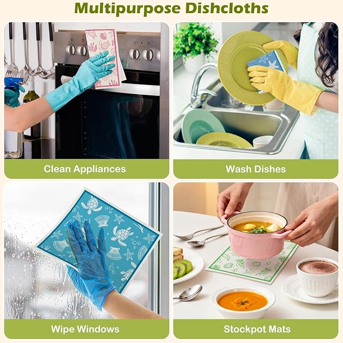 6 Packs Swedish Paper Cloths for Kitchen, Reusable Paper Towels Washable Dish Rags, Highly Absorbent Kitchen Towels Quick Drying Swedish Sponge Cleaning Dish Cloths (Ocean Series)