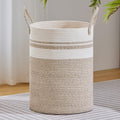 VIPOSCO Large Laundry Hamper, Tall Woven Rope Storage Basket for Blanket, Toys, Dirty Clothes in Living Room, Bathroom, Bedroom - 100L Brown & White
