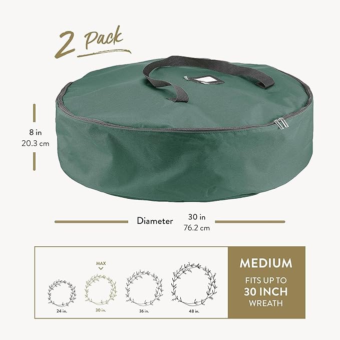 ZOBER 2 Pack Oxford Christmas Wreath Storage Container 30 Inch - Wreath Bag for Artificial Wreaths Box - Waterproof Fabric, Dual Zippered Wreaths Storage Bag With Strong Durable Handles - Green