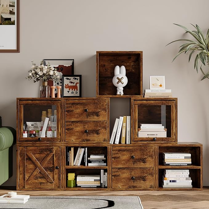 FUSUNBAO Magic DIY Cube Storage Organizer Stackable Cubes for Home Books Clothes Toy-Modular Cubby Storage System-Office Cubical-Bookcase Closet (Antique Brown, Door Cube)