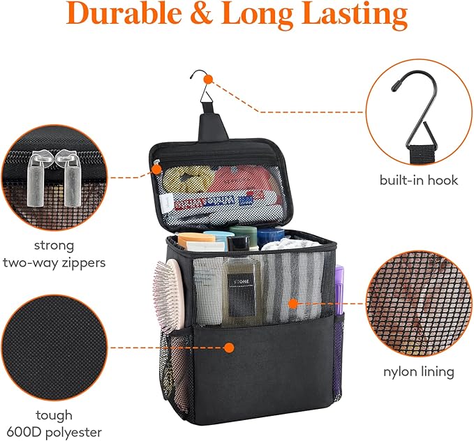 Lifewit Mesh Shower Caddy Bag Portable for College Dorm Room Essentials, Hanging Organizer Basket, Quick Dry Tote Bag for Camping, Bathroom, Beach, Travel, Large, Black