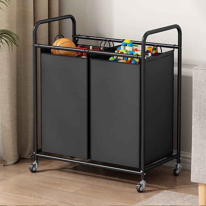 SUOERNUO Laundry Hamper Basket 2 Bag Laundry Sorter Cart with Rolling Lockable Wheels and Removable Bags Laundry Organizer Cart for Clothes Storage, Black