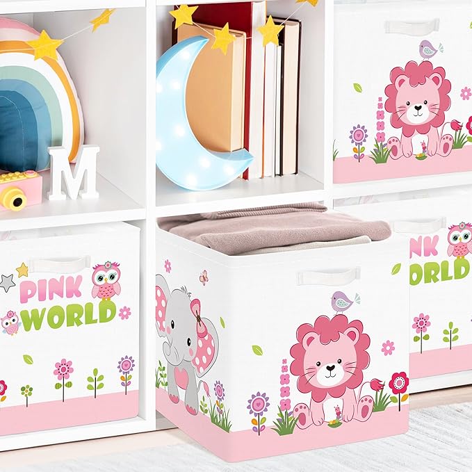 Clastyle Jungle Animal Kids Storage Cube Organizer Set Tree Closet Clothes Cube Storage Bin Nursery Toddler Toy Box Chest Boys Girls Book Shelf Basket,Pink,11.8x11.8x11.8 in