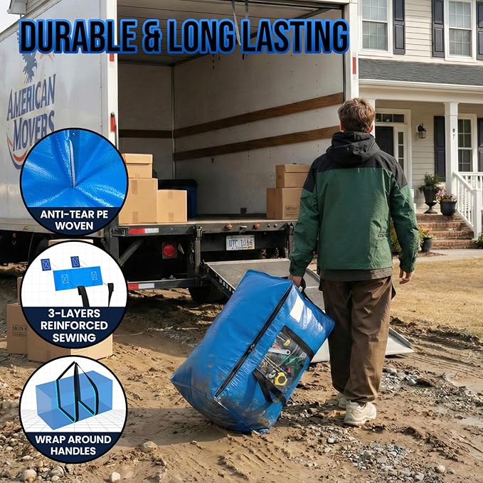TAILI Extra Large Moving Bags, 4 Pack Blue Heavy Duty Totes For Storage with Visible Window, Wrap Around Handles, Storage Bags for Space Saving, Alternative to Moving Boxes
