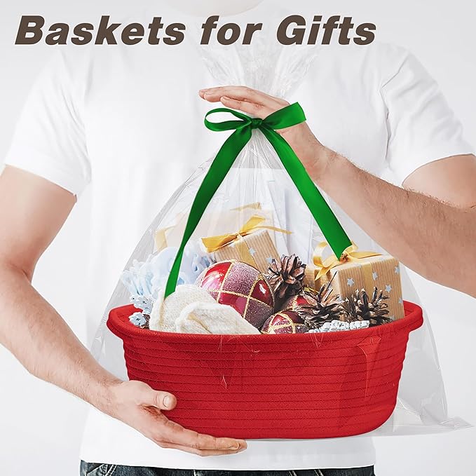 Pro Goleem Small Woven Basket with Gift Bags and Ribbons Durable Baskets for Gifts Empty Small Rope Basket for Storage 12"X 8" X 5" Baby Toy Basket with Handles, Red