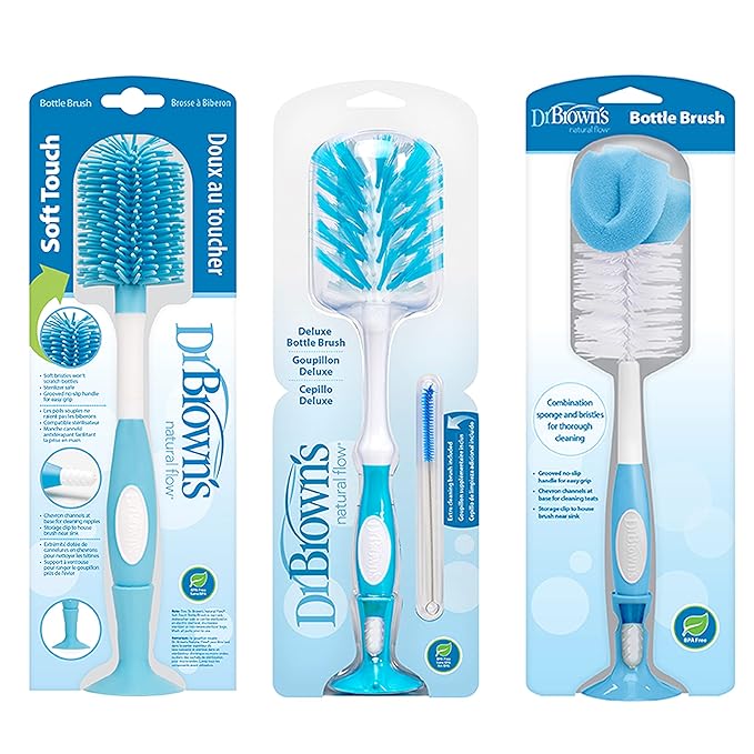 Dr. Brown's Reusable Sponge Baby Bottle Cleaning Brush + Soft Touch and Deluxe Bottle Brushes, BPA-Free, Blue, 3-Pack