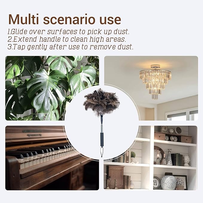 Feather Duster for Electronics Fragile Items, Soft Ostrich Feathers Dusting Tool for Keyboard, Screen, Office and Home Cleaning, Black Handle(A12-Black)