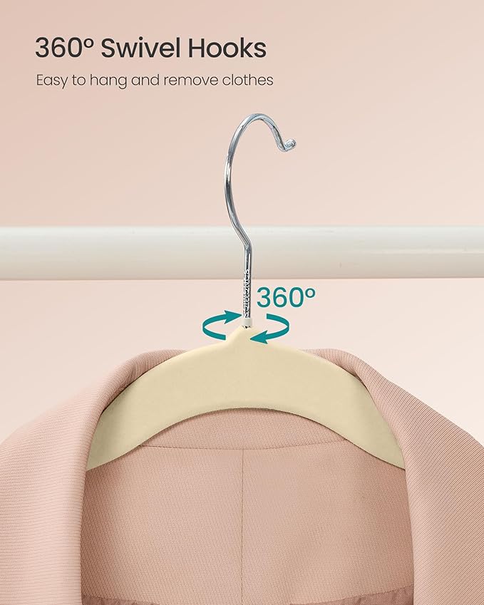 SONGMICS Velvet Hangers 100 Pack, Non-Slip Clothes Hangers with Silver-Colored Swivel Hooks, Slim Space-Saving for Closet, Heavy-Duty, Summer Sand UCRF026LF02S