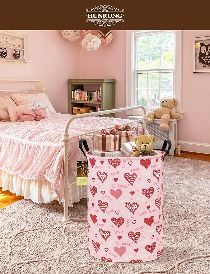 HUNRUNG Laundry Hamper,Large Canvas Fabric Lightweight Storage Basket Toy Organizer Dirty Clothes Collapsible Waterproof for College Dorms（Round-Pink Love Heart）