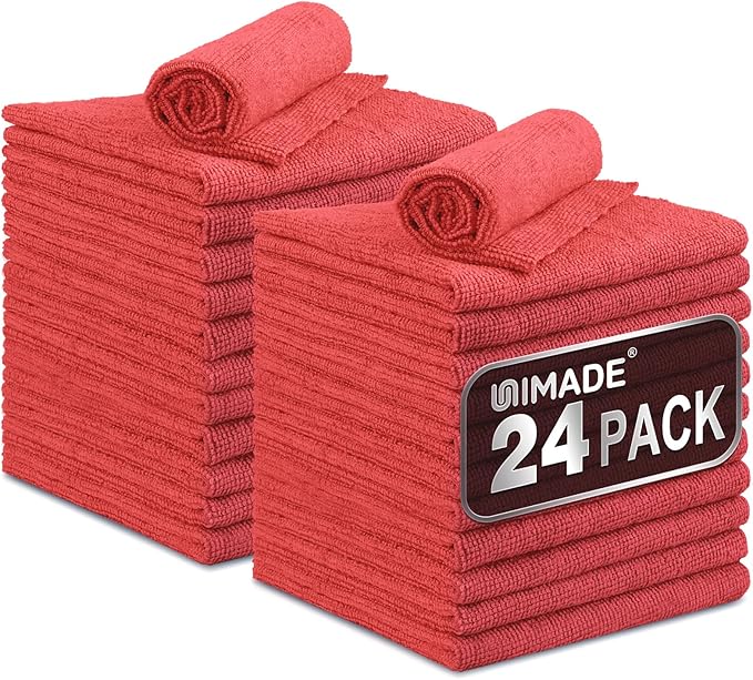 Microfiber Cleaning Cloth, 24 Pack Reusable Microfiber Towels for Cars Lint Free Cleaning Shop Towel Rags for Home Kitchen Automotive Bar Mechanic Restaurant Garage, 11"x 12", Red
